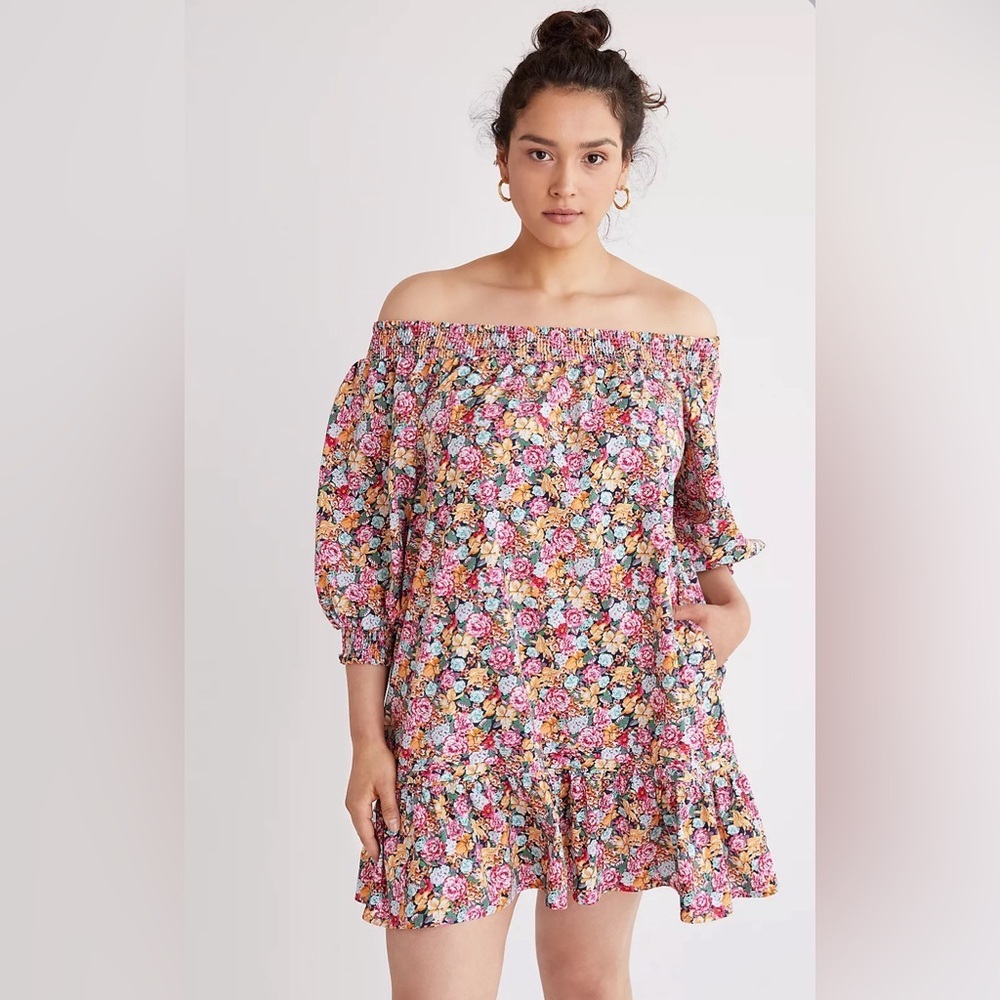 Anthropologie Maeve Off-Shoulder Floral Puff Sleeve Dress Size Small